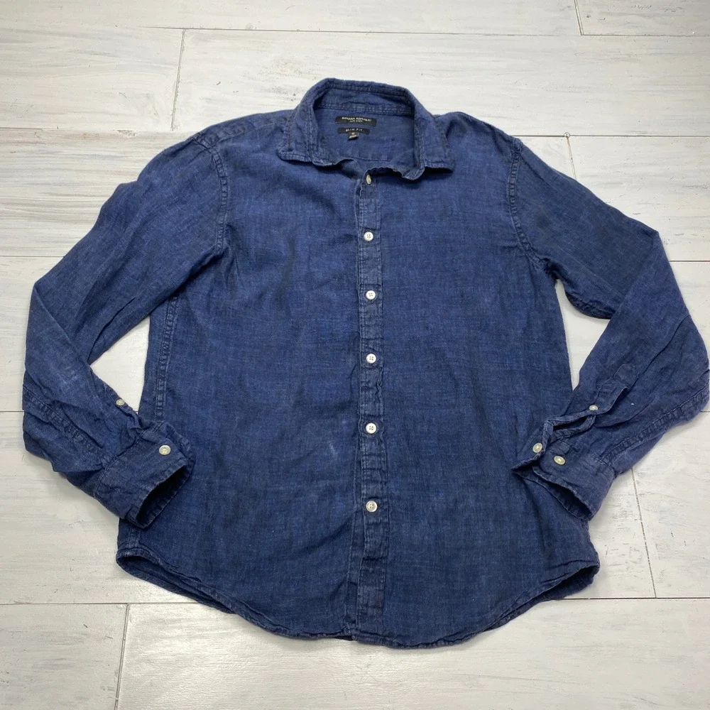 Banana Republic Linen Shirt Mens M Blue Slim Fit Long Sleeve Indigo Denim
